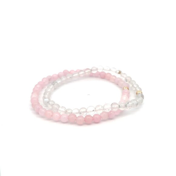 Moonstone & Rose Quartz Gemstone Stretch Bracelet with 14K Gold Accent Bead Hand - Picture 5 of 6